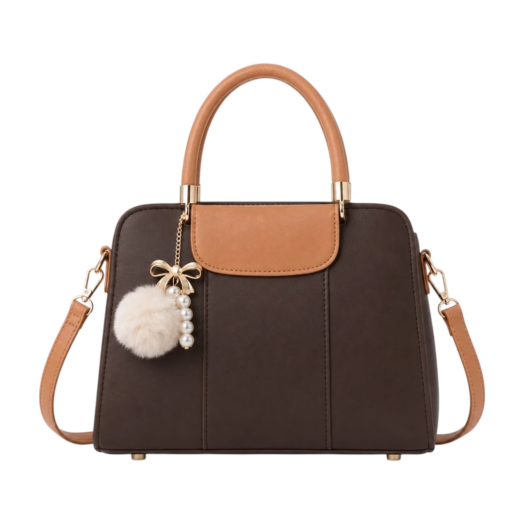Linat Brown Pearl Charm Leather Handbag